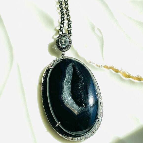 ♥️ Black Druzy Agate Pavé Diamonds White Topaz pendant necklace - Picture 9 of 14